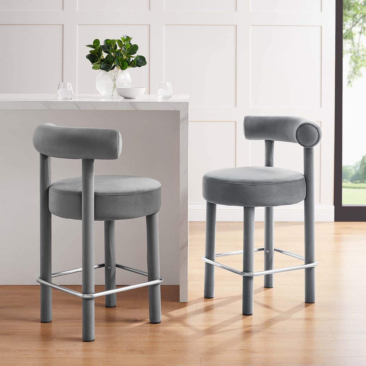 Metropole Upholstered Velvet Counter Stool Set of 2, Gray & Silver