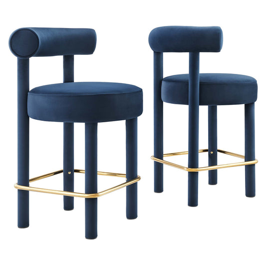 Metropole Upholstered Velvet Counter Stool Set of 2, Dark Blue & Gold