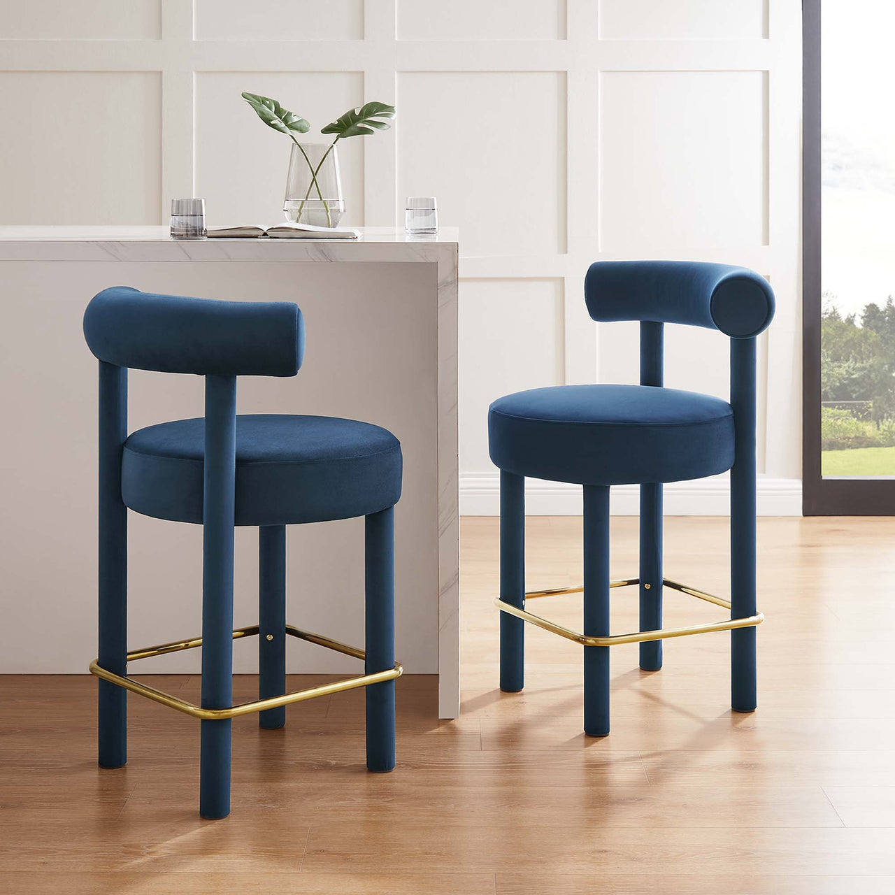 Metropole Upholstered Velvet Counter Stool Set of 2, Dark Blue & Gold