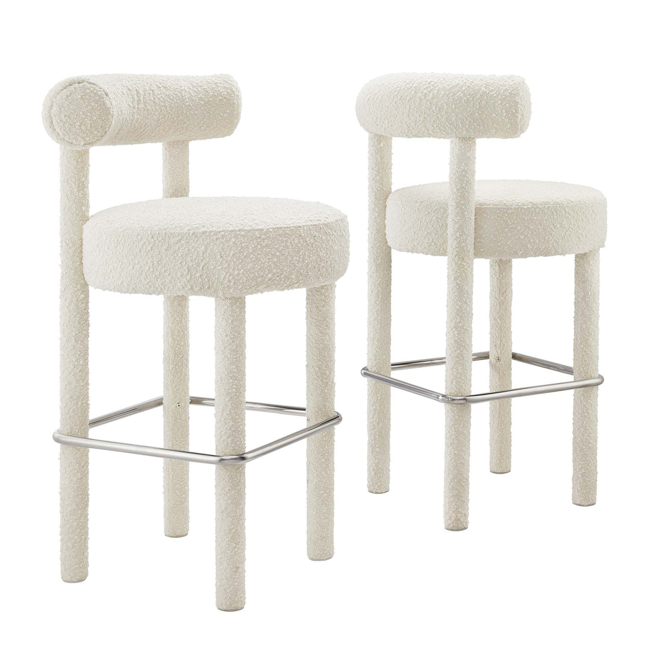 Metropole Upholstered Boucle Bar Stool Set of 2, Ivory & Silver
