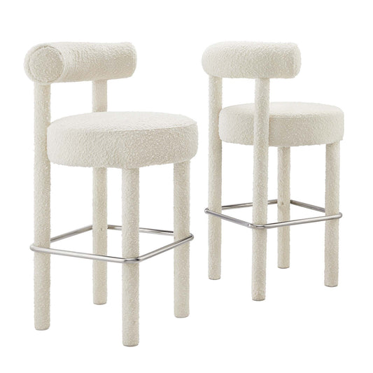 Metropole Upholstered Boucle Bar Stool Set of 2, Ivory & Silver