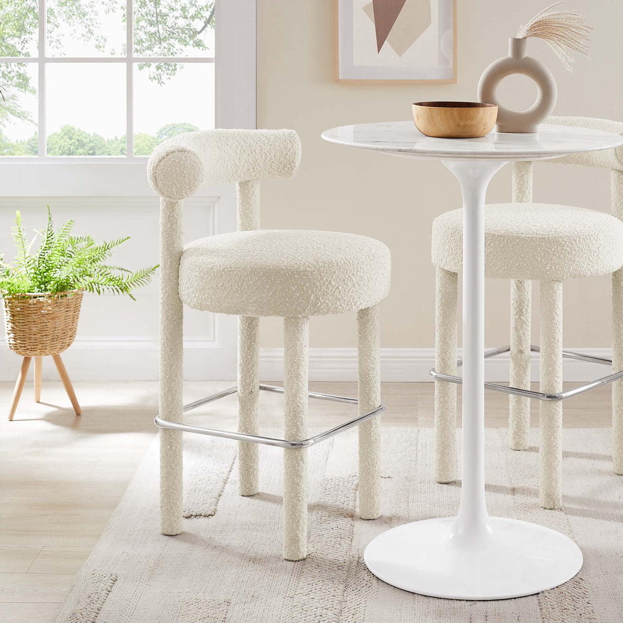Metropole Upholstered Boucle Bar Stool Set of 2, Ivory & Silver