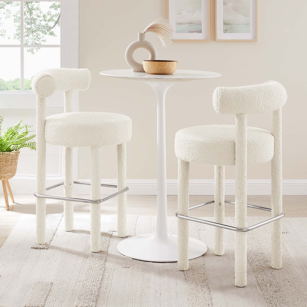 Metropole Upholstered Boucle Bar Stool Set of 2, Ivory & Silver