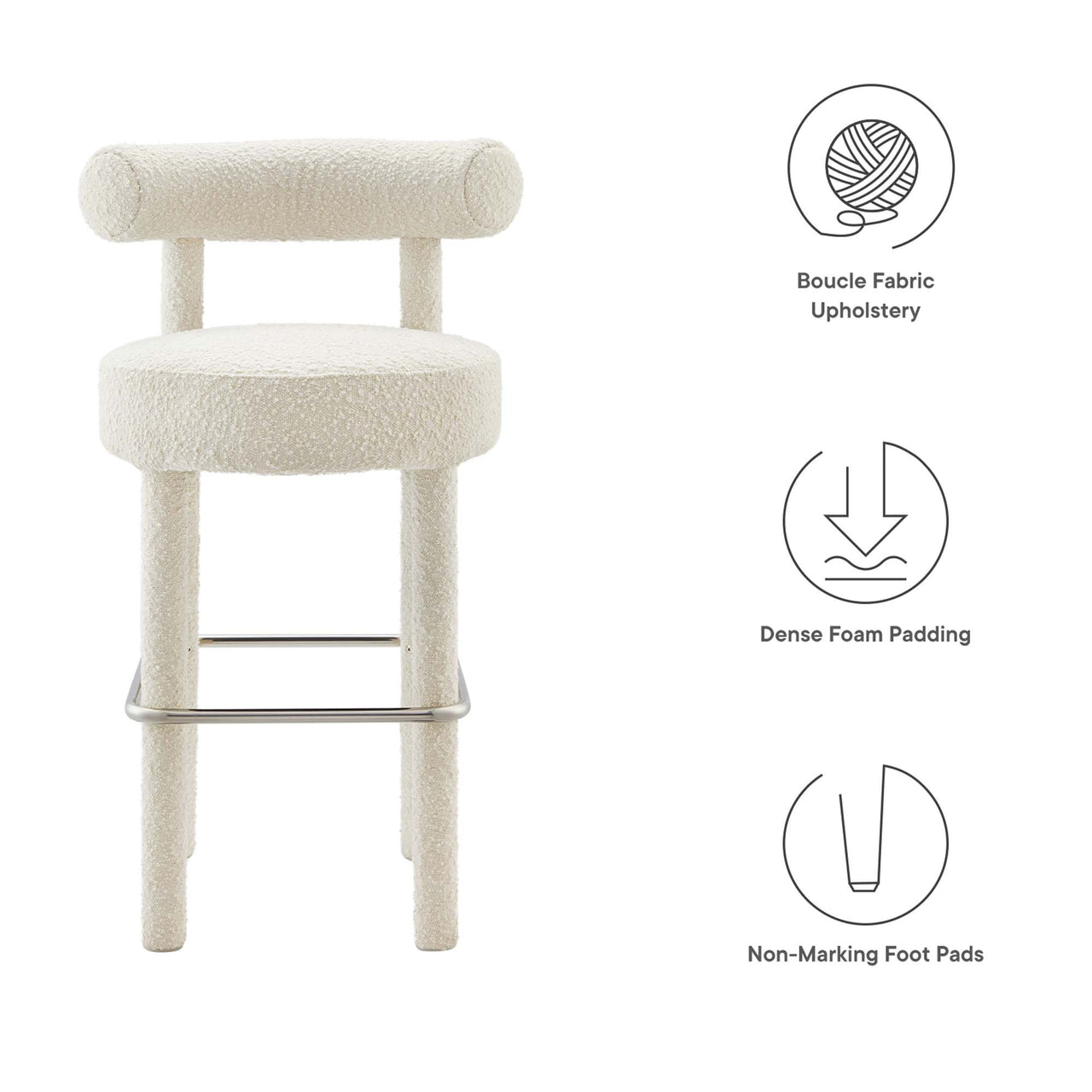 Metropole Upholstered Boucle Bar Stool Set of 2, Ivory & Silver