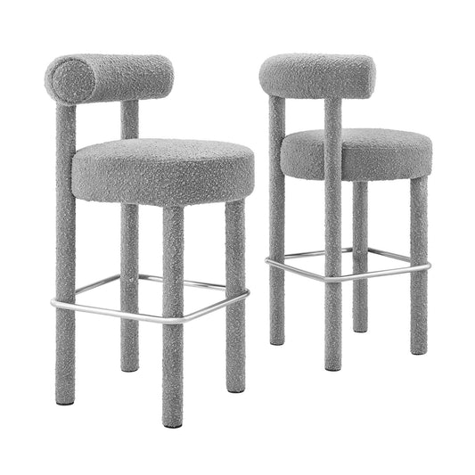 Metropole Upholstered Boucle Bar Stool Set of 2, Light Gray & Silver
