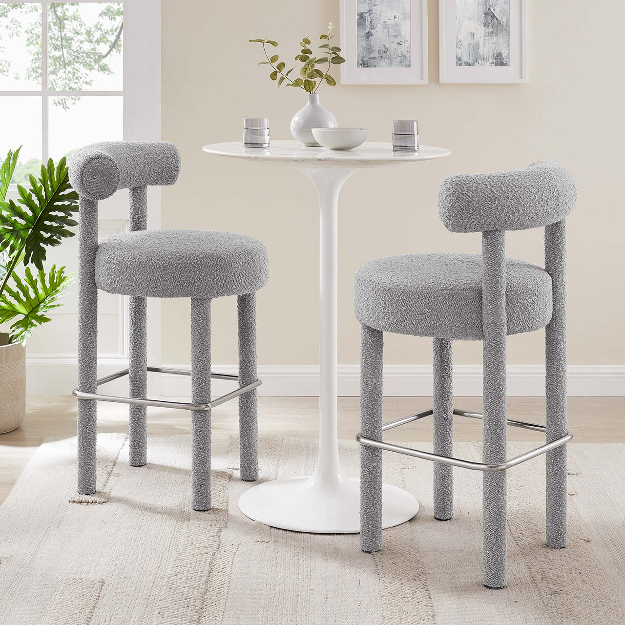 Metropole Upholstered Boucle Bar Stool Set of 2, Light Gray & Silver