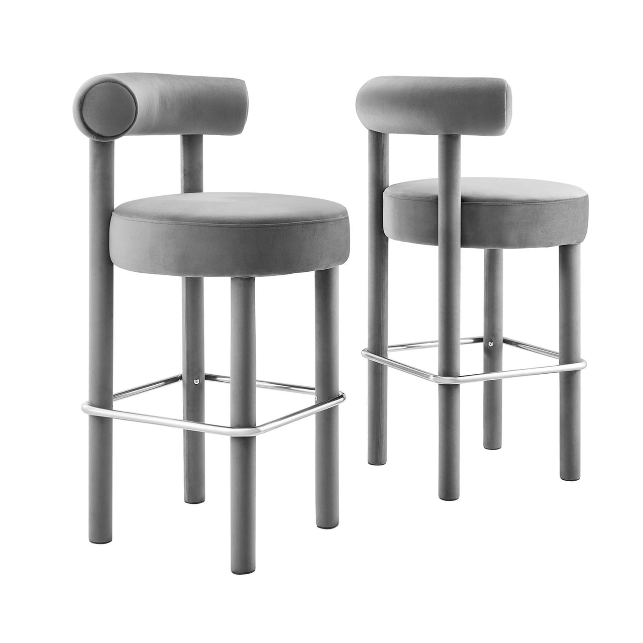 Metropole Upholstered Velvet Bar Stool Set of 2, Gray & Silver
