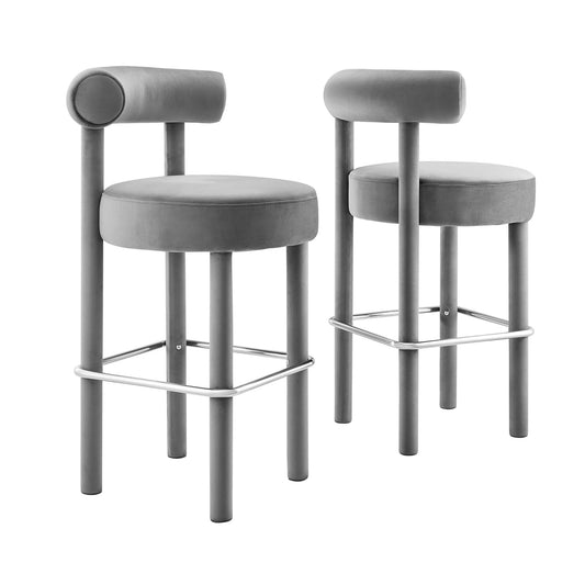 Metropole Upholstered Velvet Bar Stool Set of 2, Gray & Silver