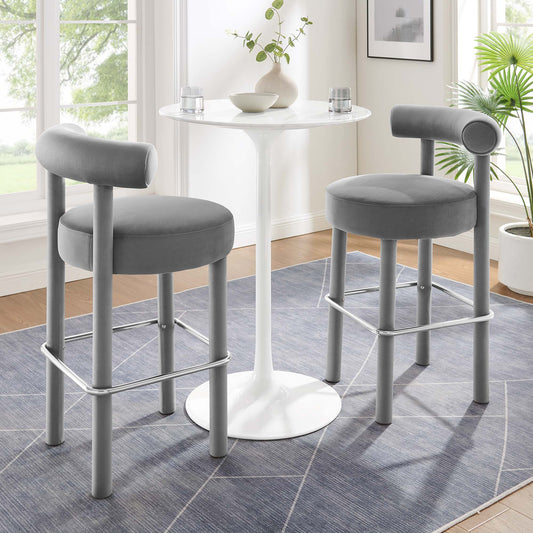 Metropole Upholstered Velvet Bar Stool Set of 2, Gray & Silver