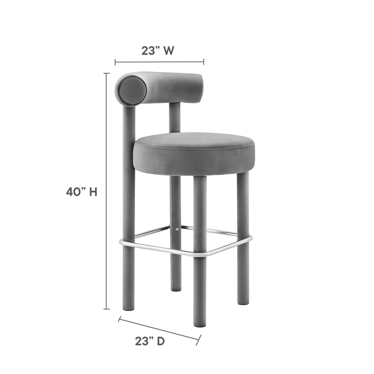 Metropole Upholstered Velvet Bar Stool Set of 2, Gray & Silver