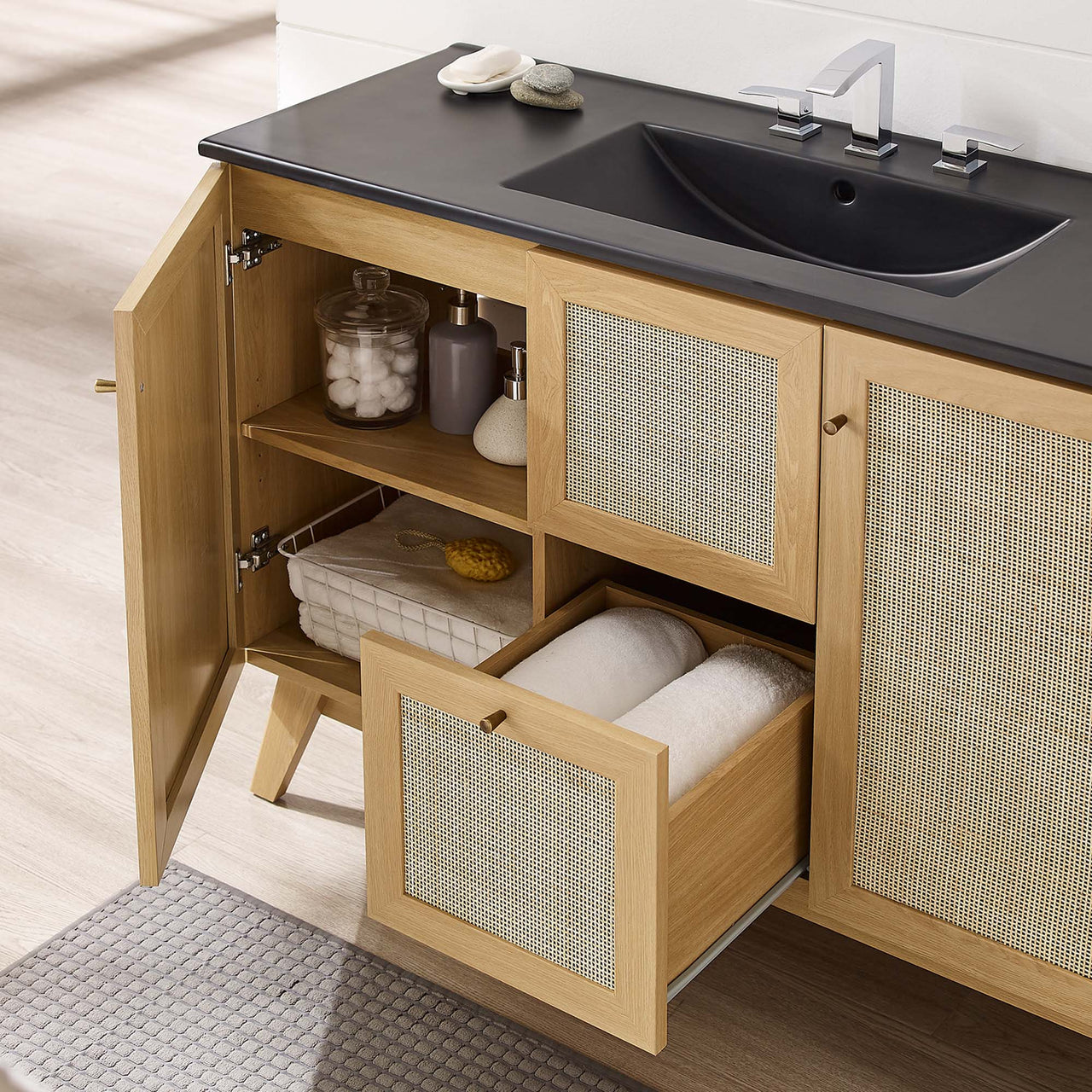 Marra Single Sink Vanity Unit, Extra Large, Oak & Black