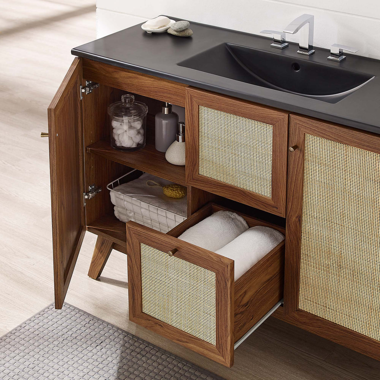 Marra Single Sink Vanity Unit, Extra Large, Walnut & Black