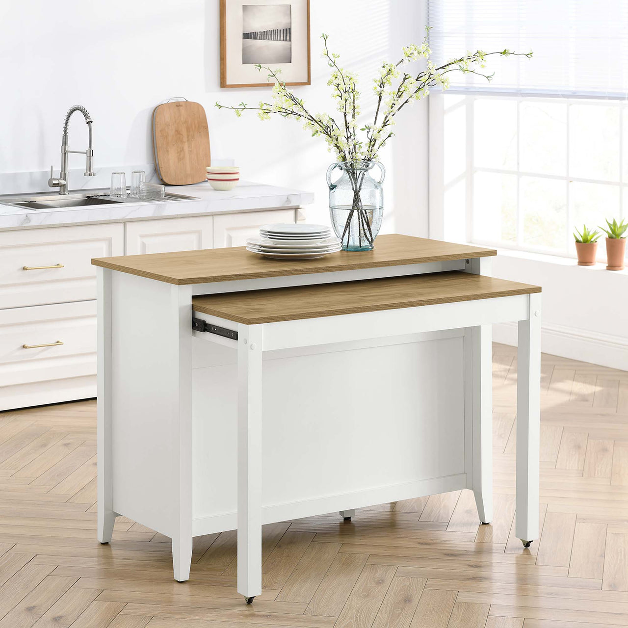 Solevo Kitchen Island, Natural Wood & White
