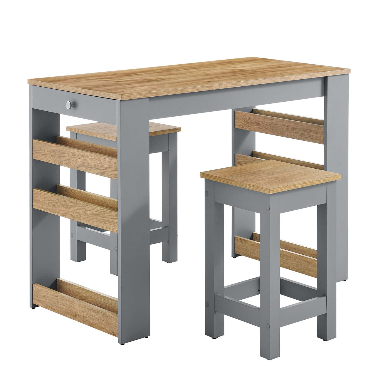 Bravelle Kitchen Island and Dual Stool Set, Natural Wood & Gray