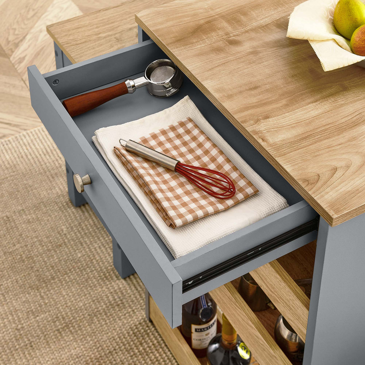 Bravelle Kitchen Island and Dual Stool Set, Natural Wood & Gray