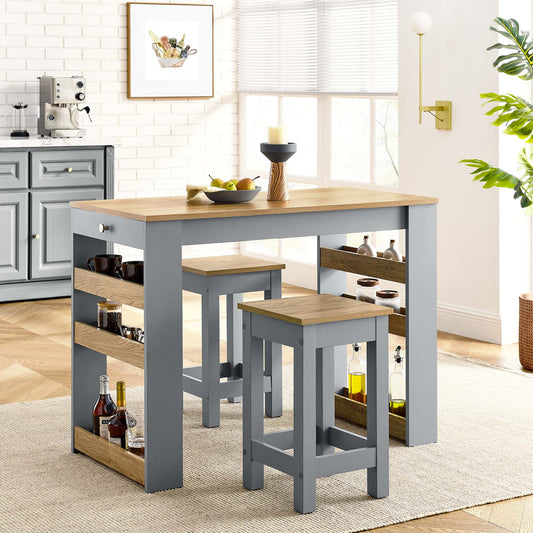 Bravelle Kitchen Island and Dual Stool Set, Natural Wood & Gray