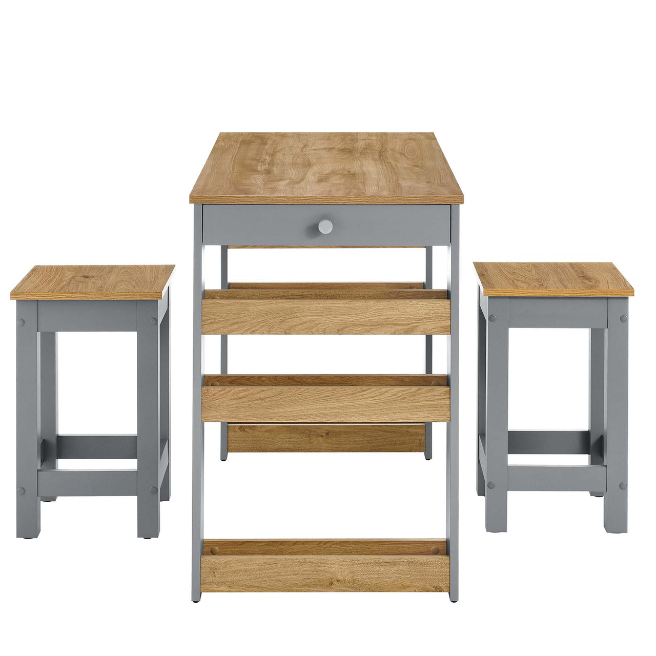 Bravelle Kitchen Island and Dual Stool Set, Natural Wood & Gray
