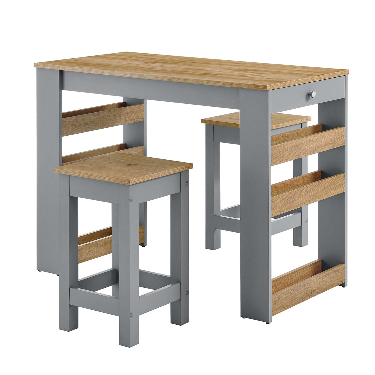 Bravelle Kitchen Island and Dual Stool Set, Natural Wood & Gray