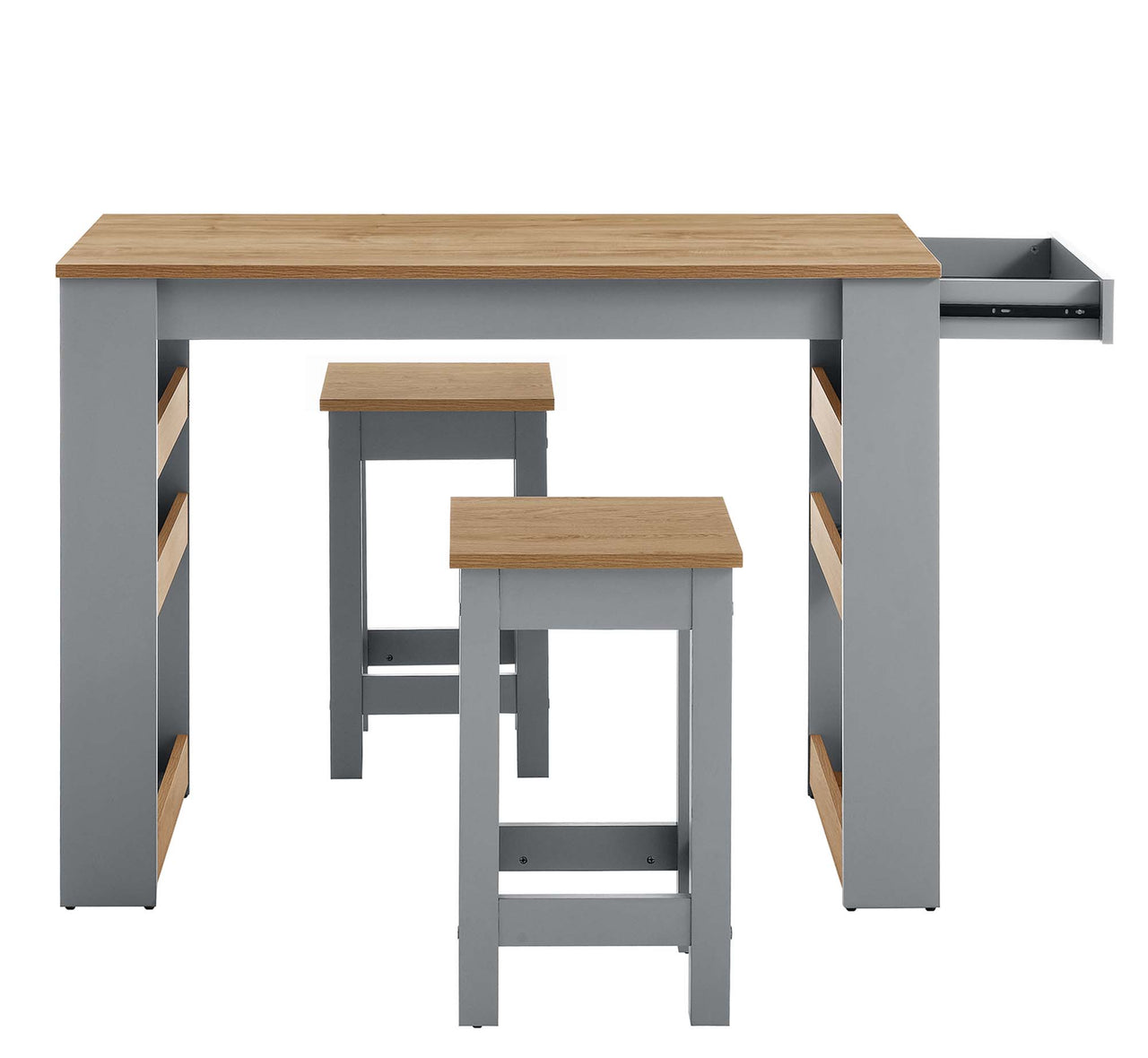 Bravelle Kitchen Island and Dual Stool Set, Natural Wood & Gray