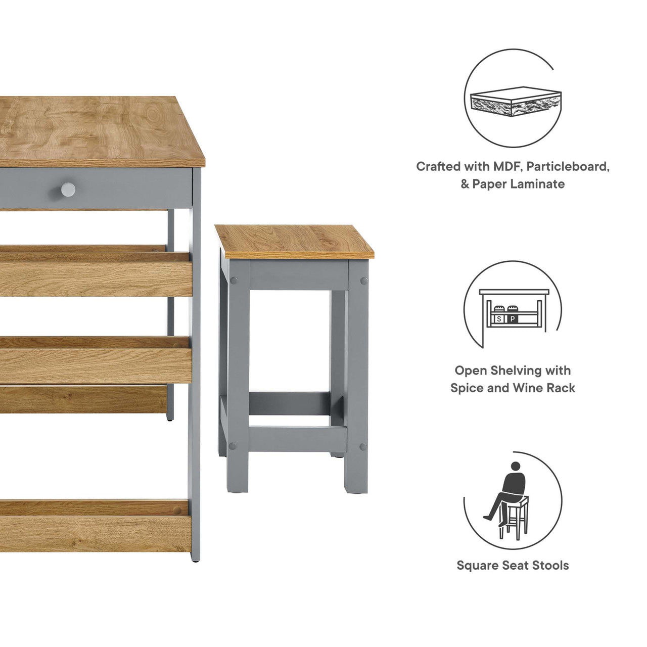Bravelle Kitchen Island and Dual Stool Set, Natural Wood & Gray
