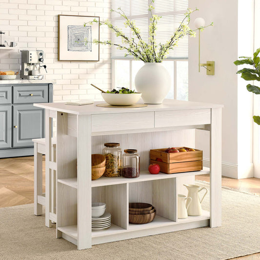 Sylvane Kitchen Island and Dual Stool Set, Cream