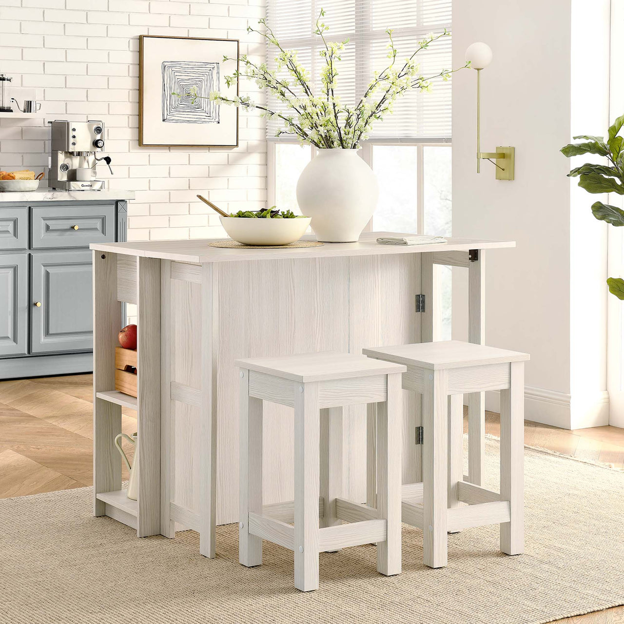 Sylvane Kitchen Island and Dual Stool Set, Cream