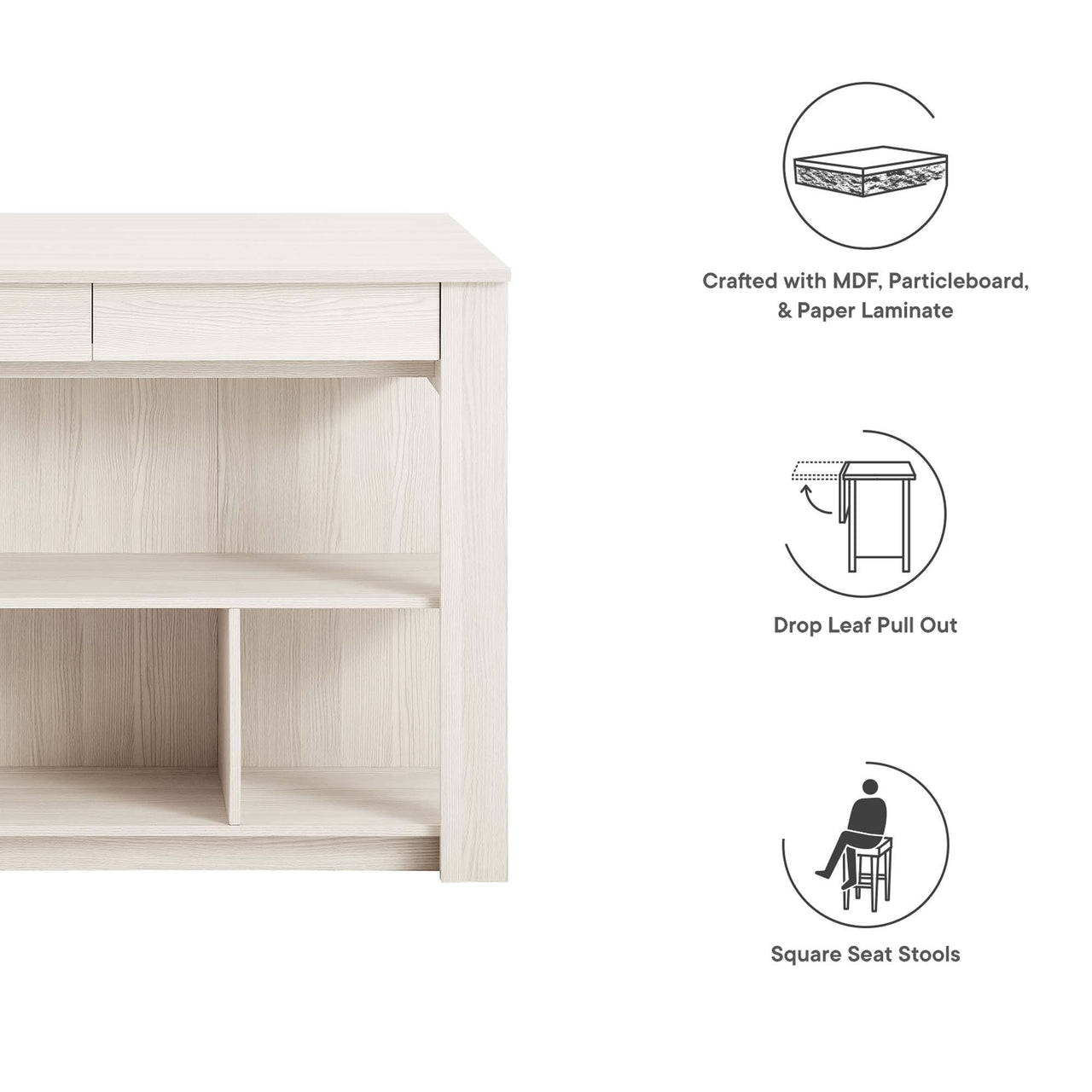 Sylvane Kitchen Island and Dual Stool Set, Cream