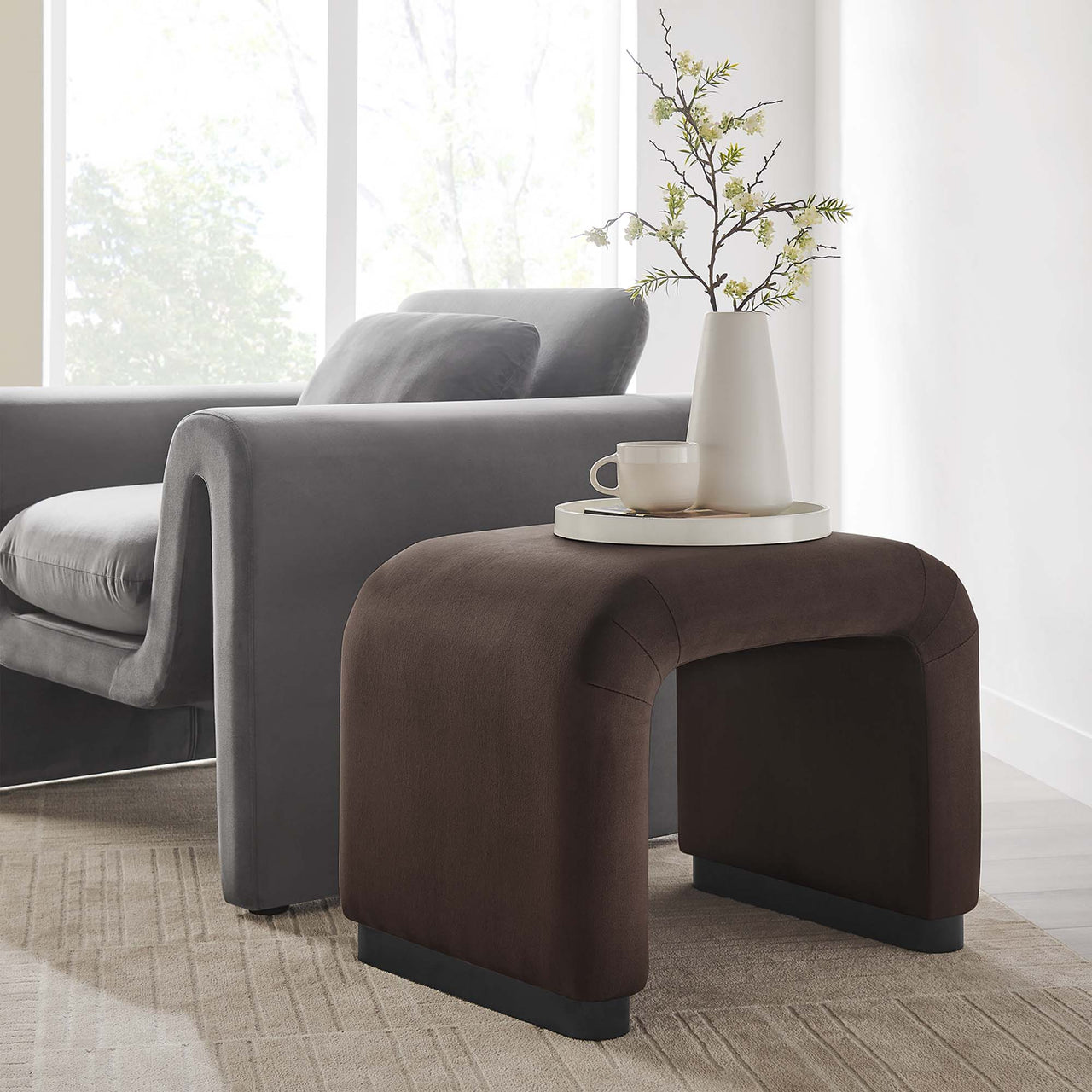 Kaela Upholstered Velvet Stool, Black & Chocolate Brown