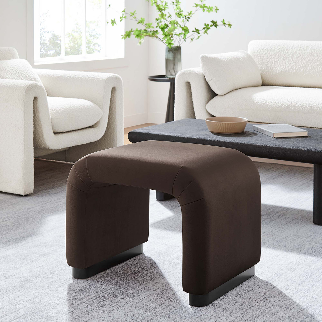 Kaela Upholstered Velvet Stool, Black & Chocolate Brown
