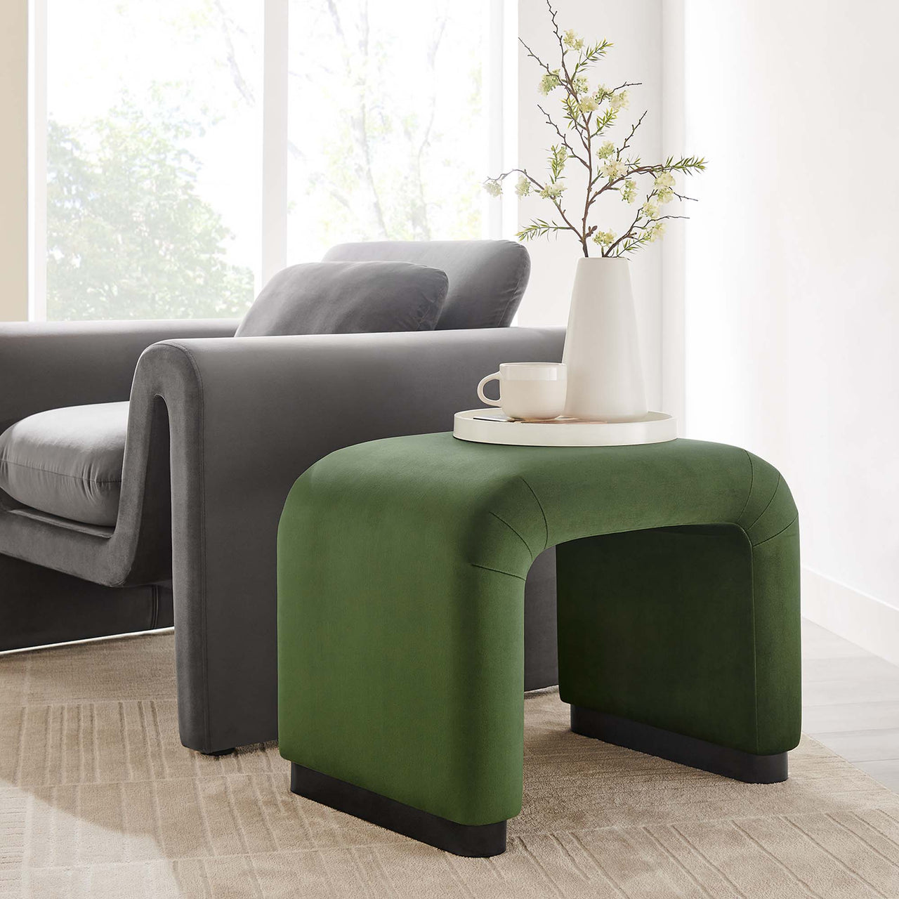 Kaela Upholstered Velvet Stool, Black & Basil