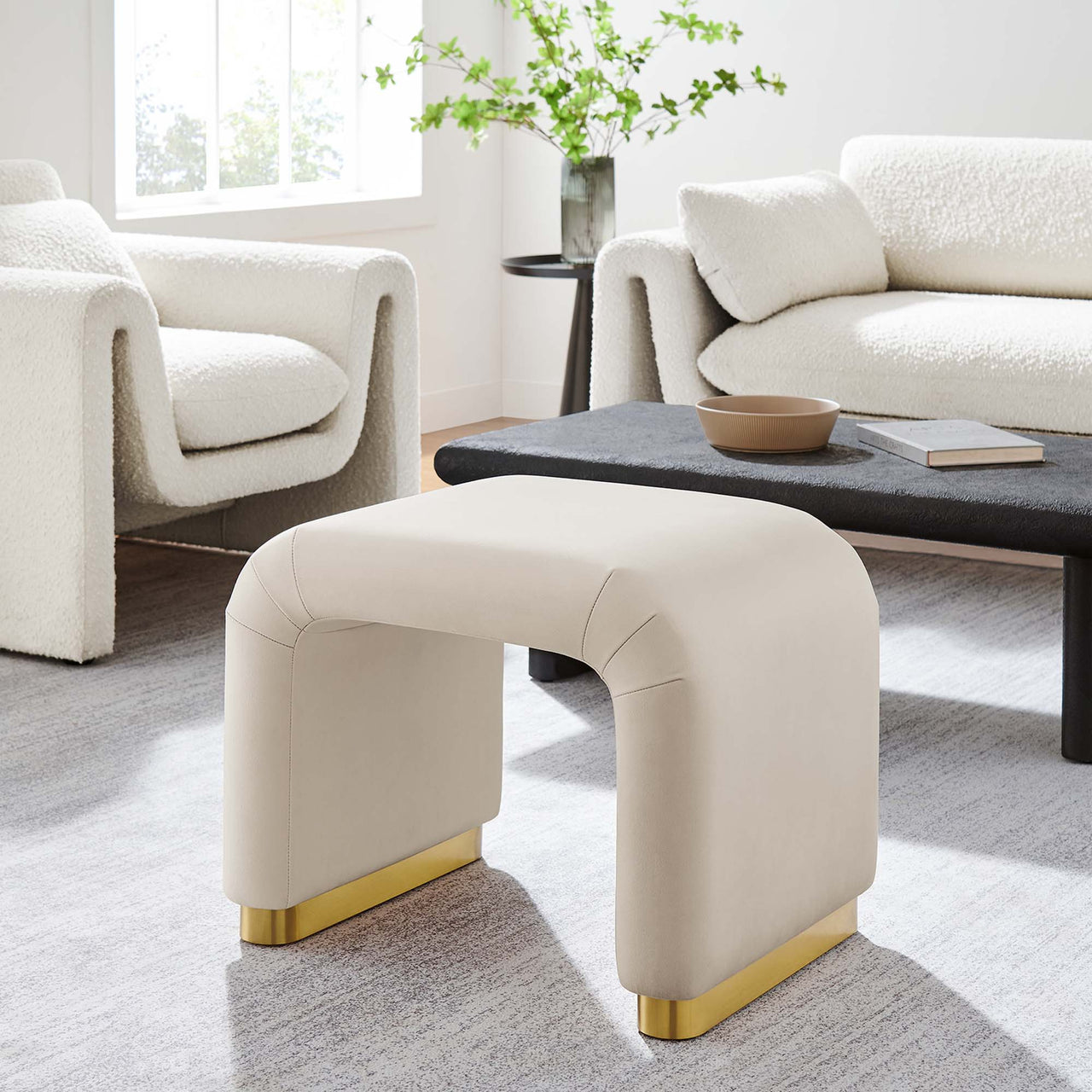 Kaela Upholstered Velvet Stool, Gold & Almond