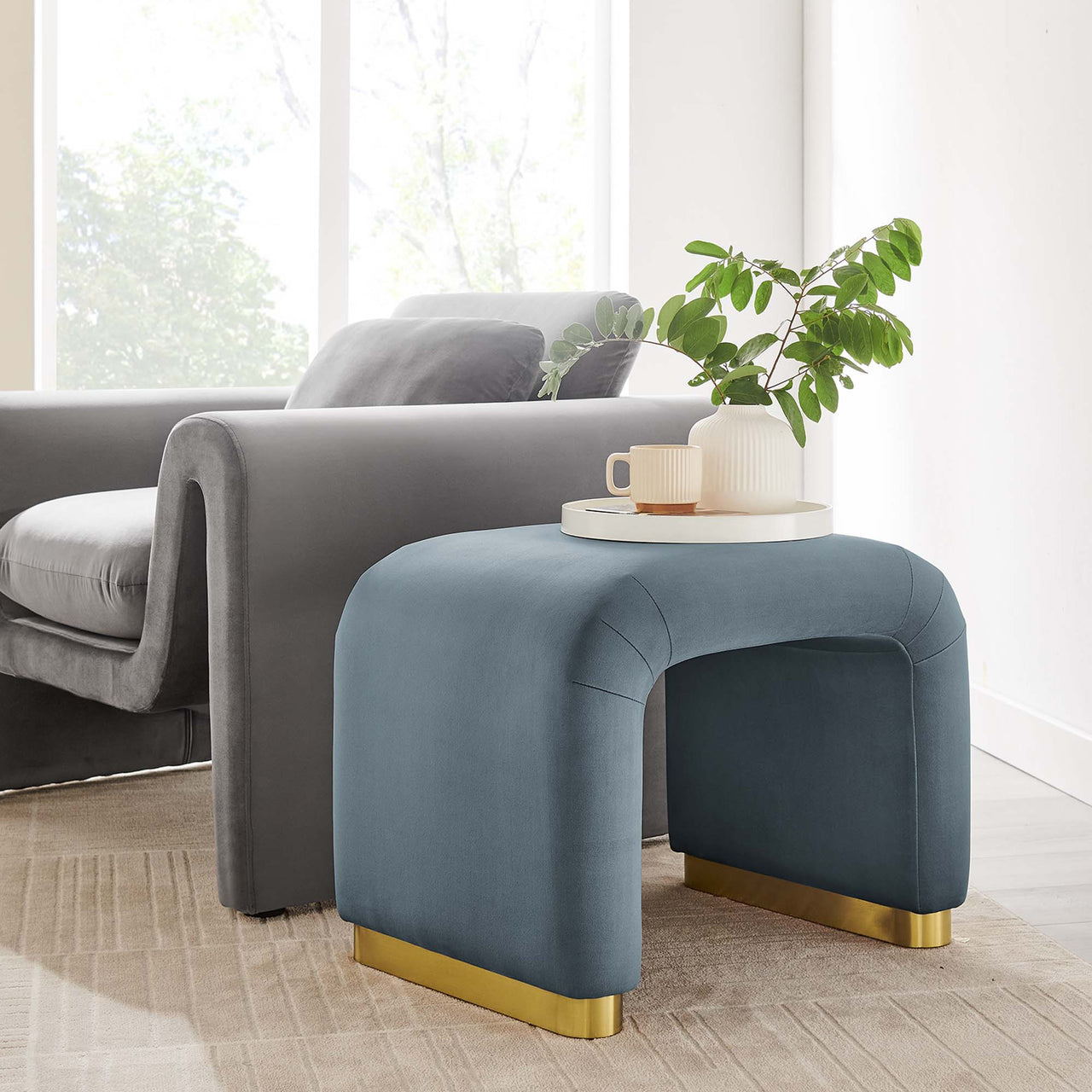 Kaela Upholstered Velvet Stool, Gold & Slate