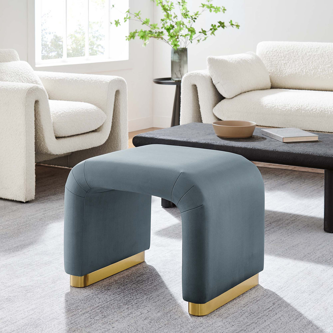 Kaela Upholstered Velvet Stool, Gold & Slate