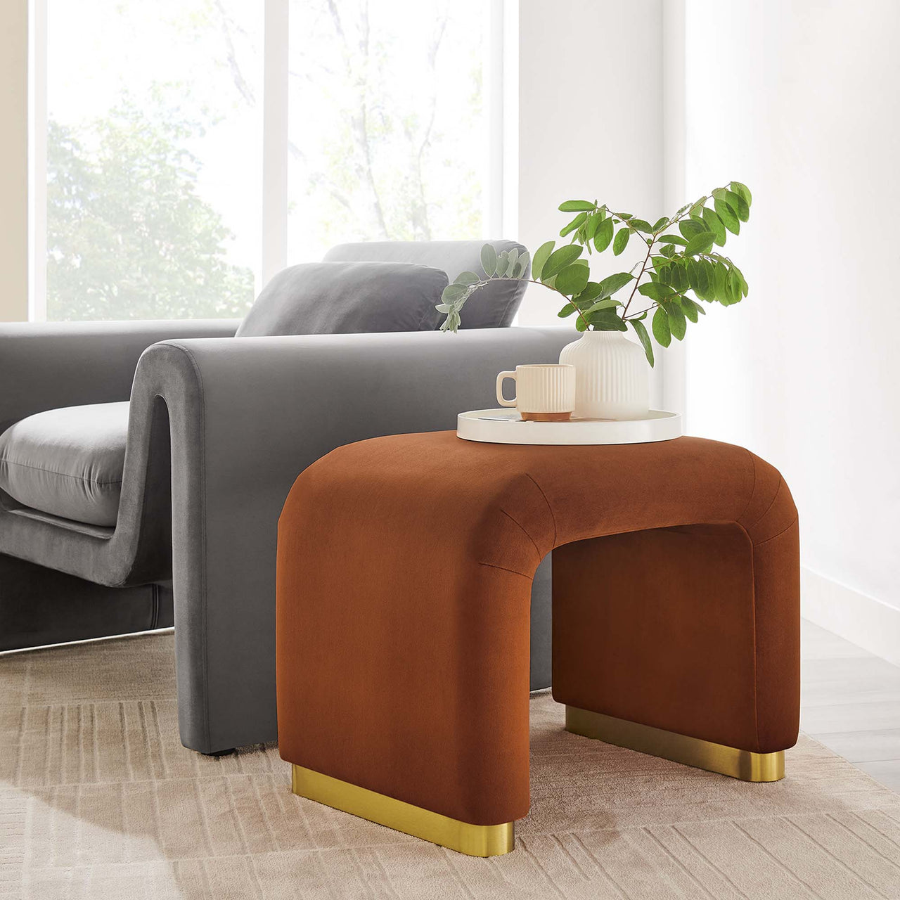 Kaela Upholstered Velvet Stool, Gold & Terracotta