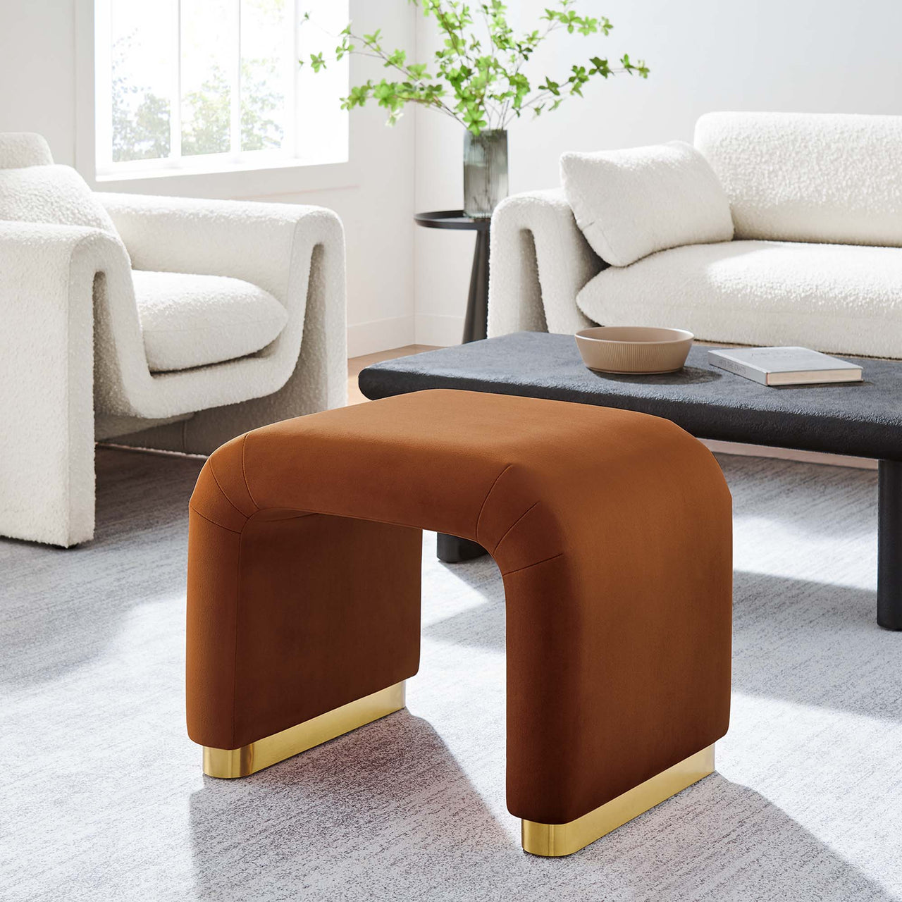 Kaela Upholstered Velvet Stool, Gold & Terracotta