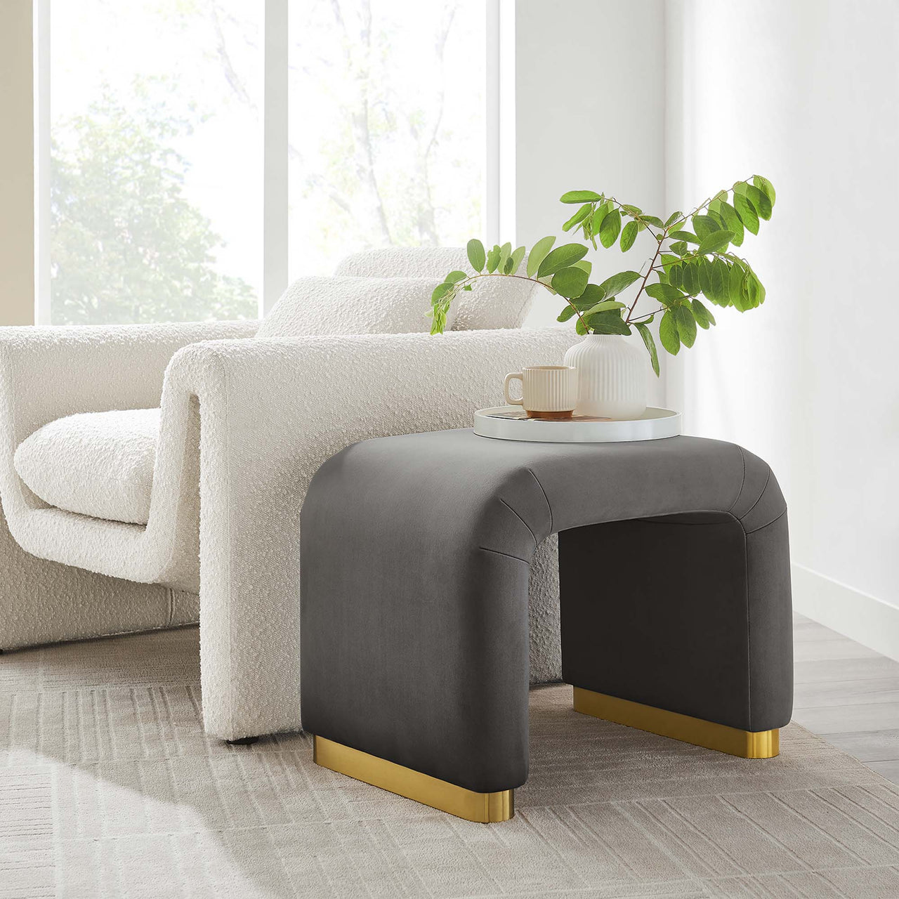 Kaela Upholstered Velvet Stool, Gold & Charcoal