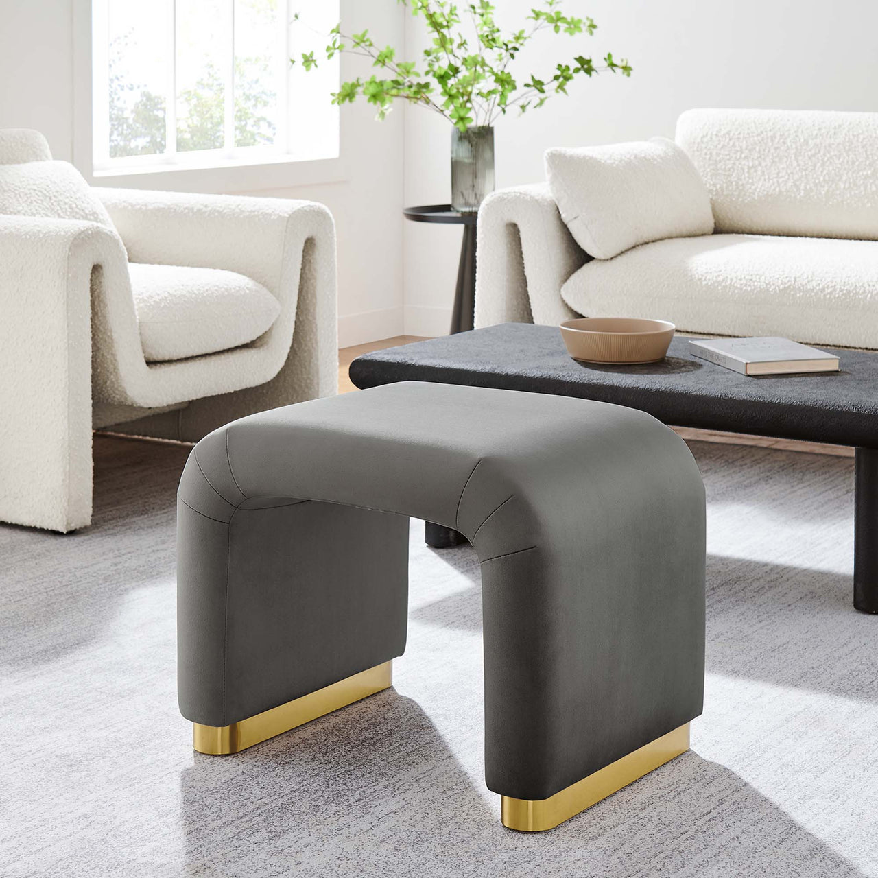 Kaela Upholstered Velvet Stool, Gold & Charcoal