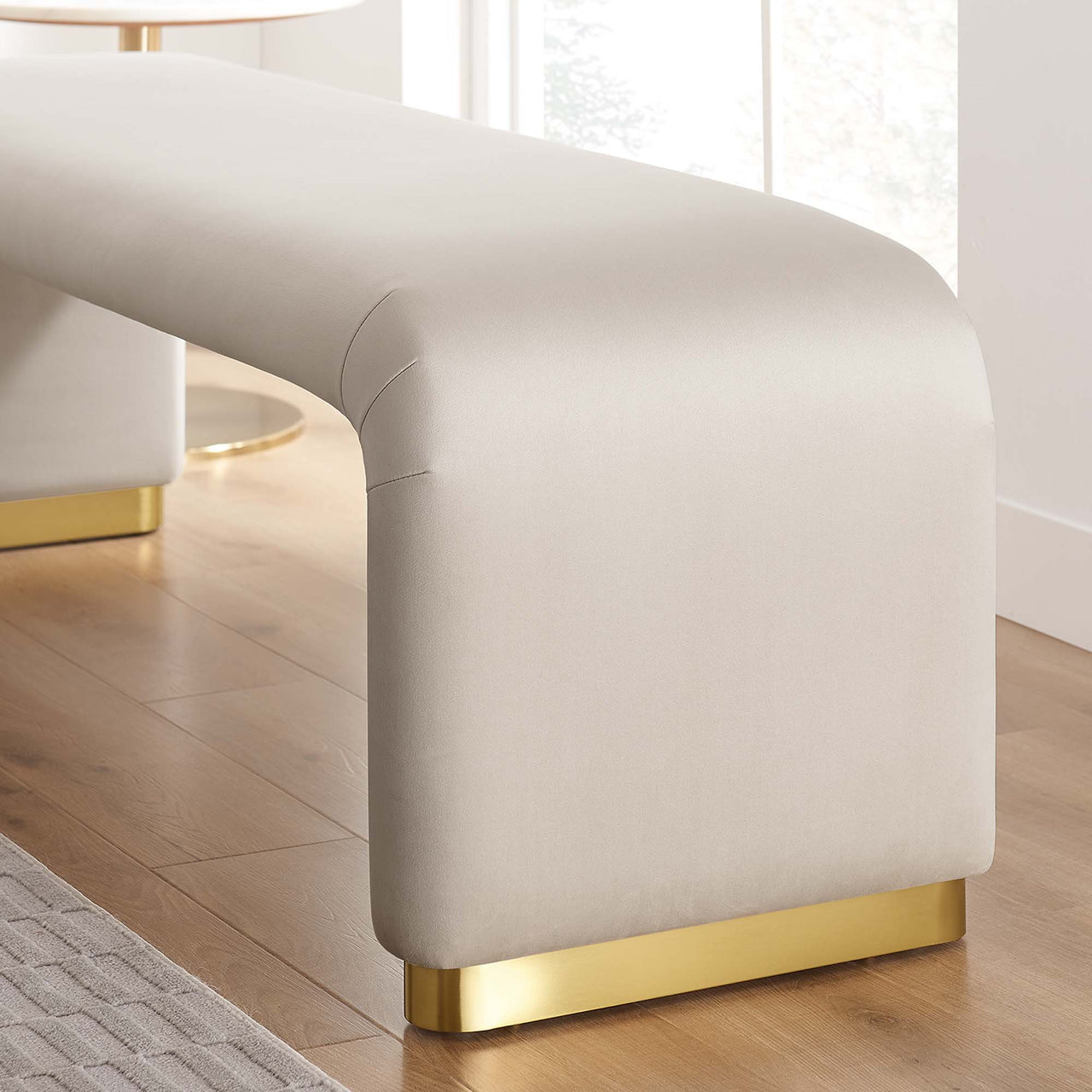 Kaela Upholstered Velvet Bench, Gold & Almond