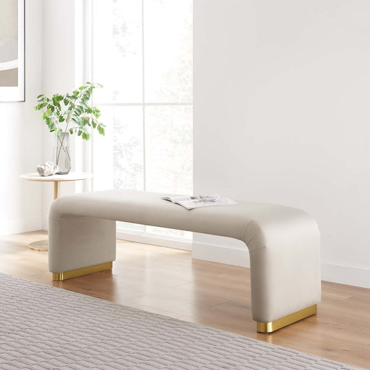 Kaela Upholstered Velvet Bench, Gold & Almond
