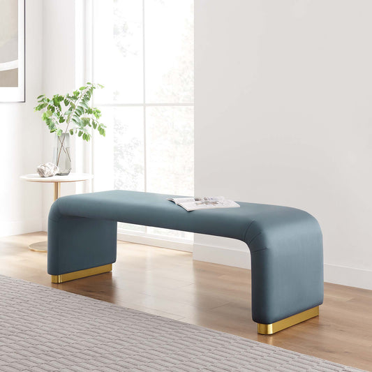 Kaela Upholstered Velvet Bench, Gold & Slate
