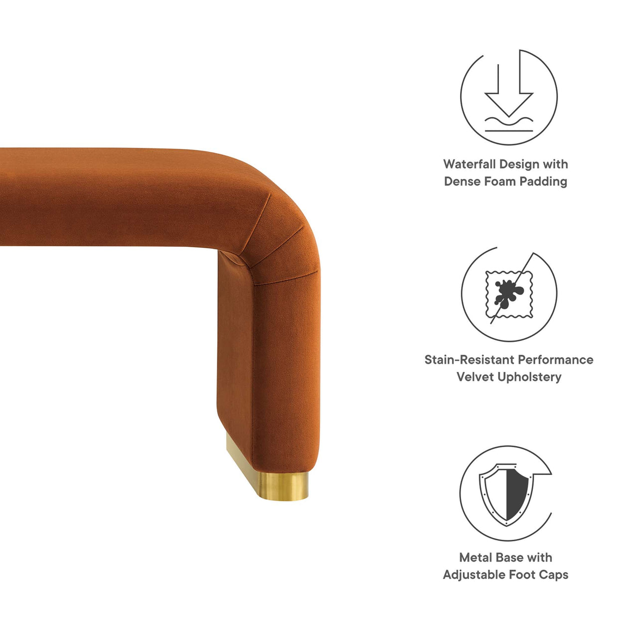 Kaela Upholstered Velvet Bench, Gold & Terracotta