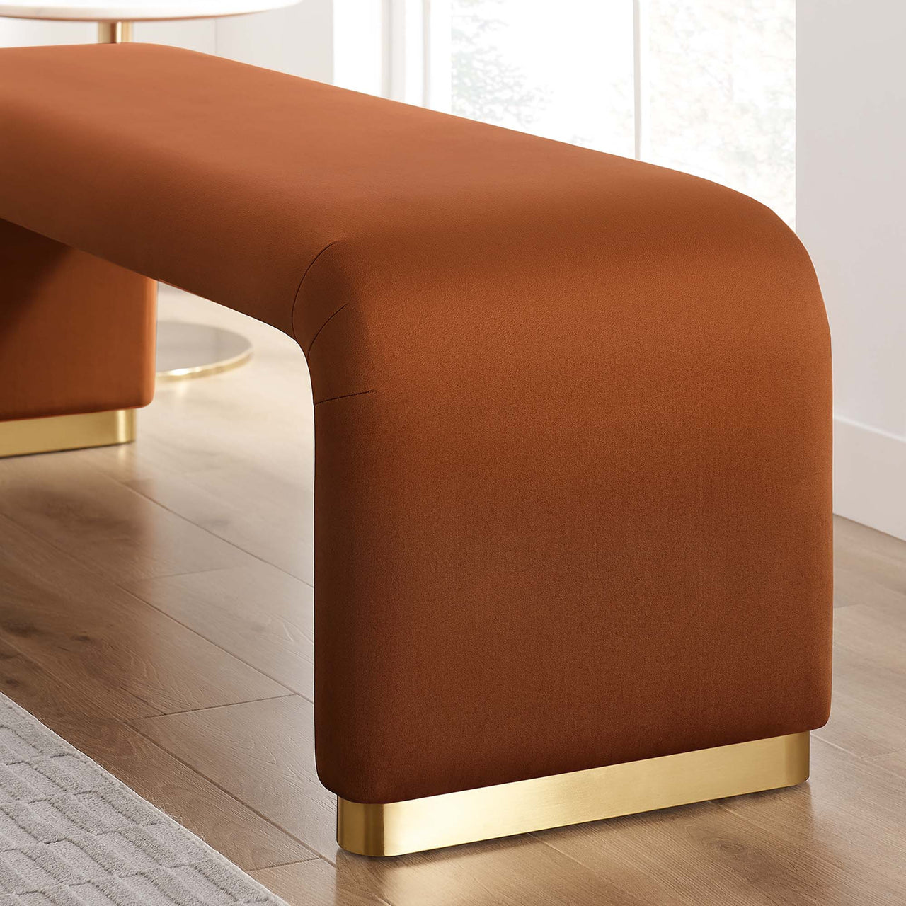 Kaela Upholstered Velvet Bench, Gold & Terracotta