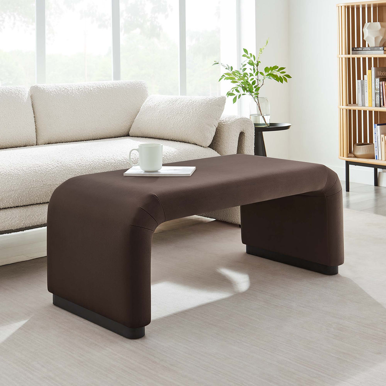 Kaela Upholstered Velvet Ottoman, Black & Chocolate Brown