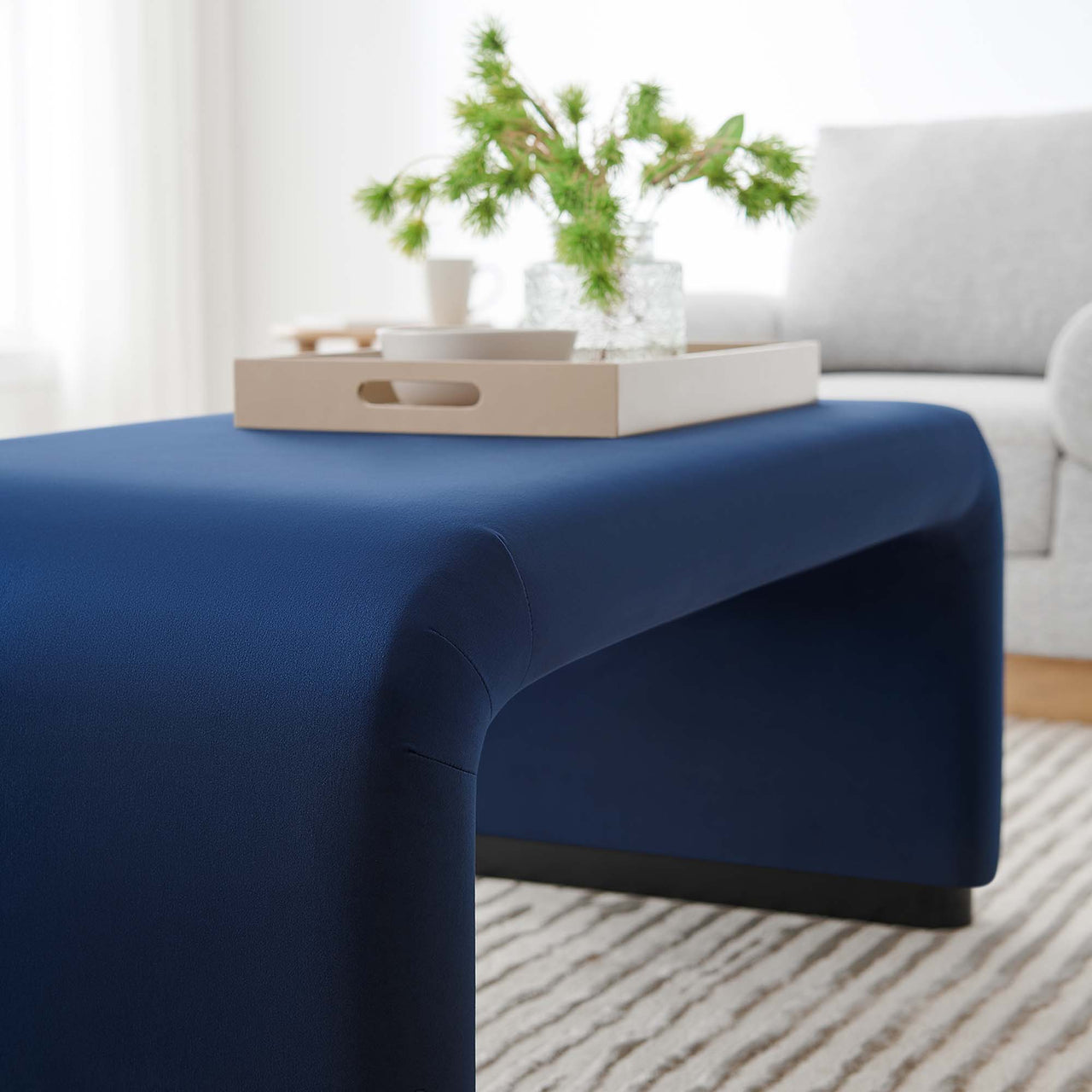 Kaela Upholstered Velvet Ottoman, Black & Dark Blue