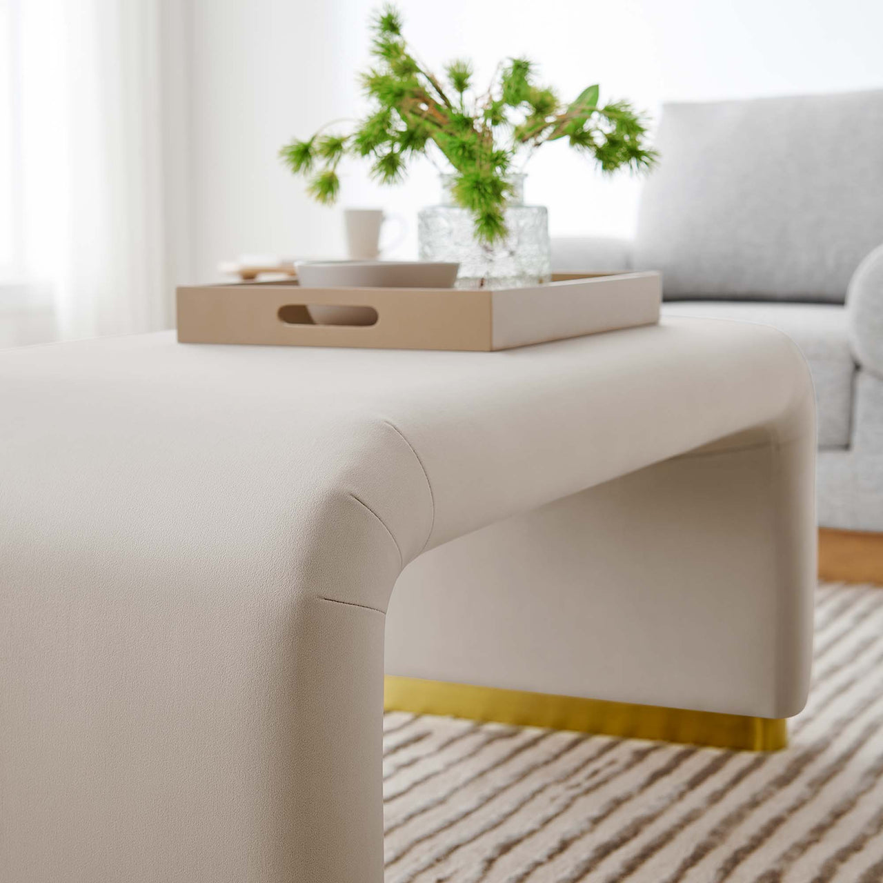 Kaela Upholstered Velvet Ottoman, Gold & Almond