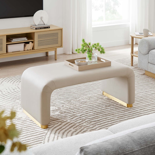 Kaela Upholstered Velvet Ottoman, Gold & Almond