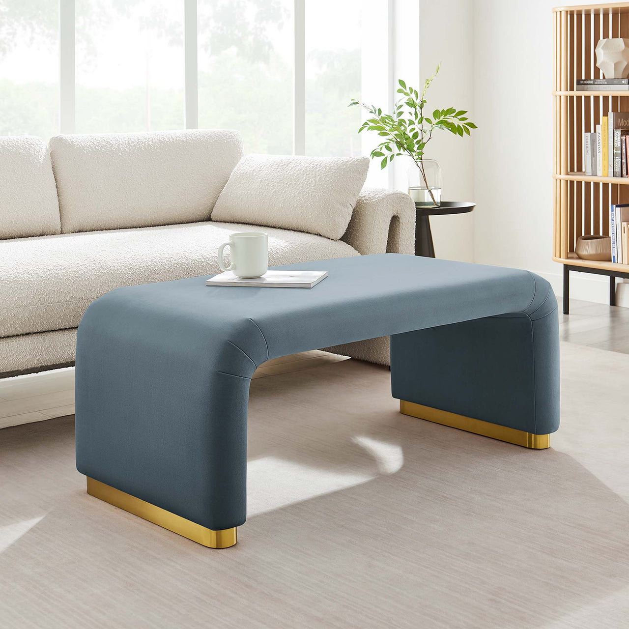 Kaela Upholstered Velvet Ottoman, Gold & Slate