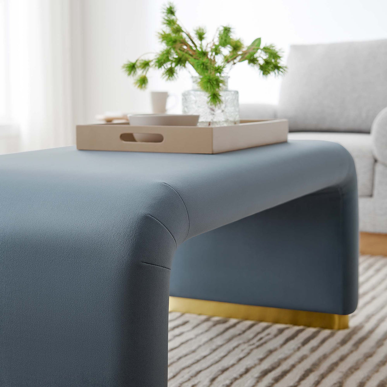 Kaela Upholstered Velvet Ottoman, Gold & Slate