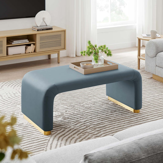 Kaela Upholstered Velvet Ottoman, Gold & Slate