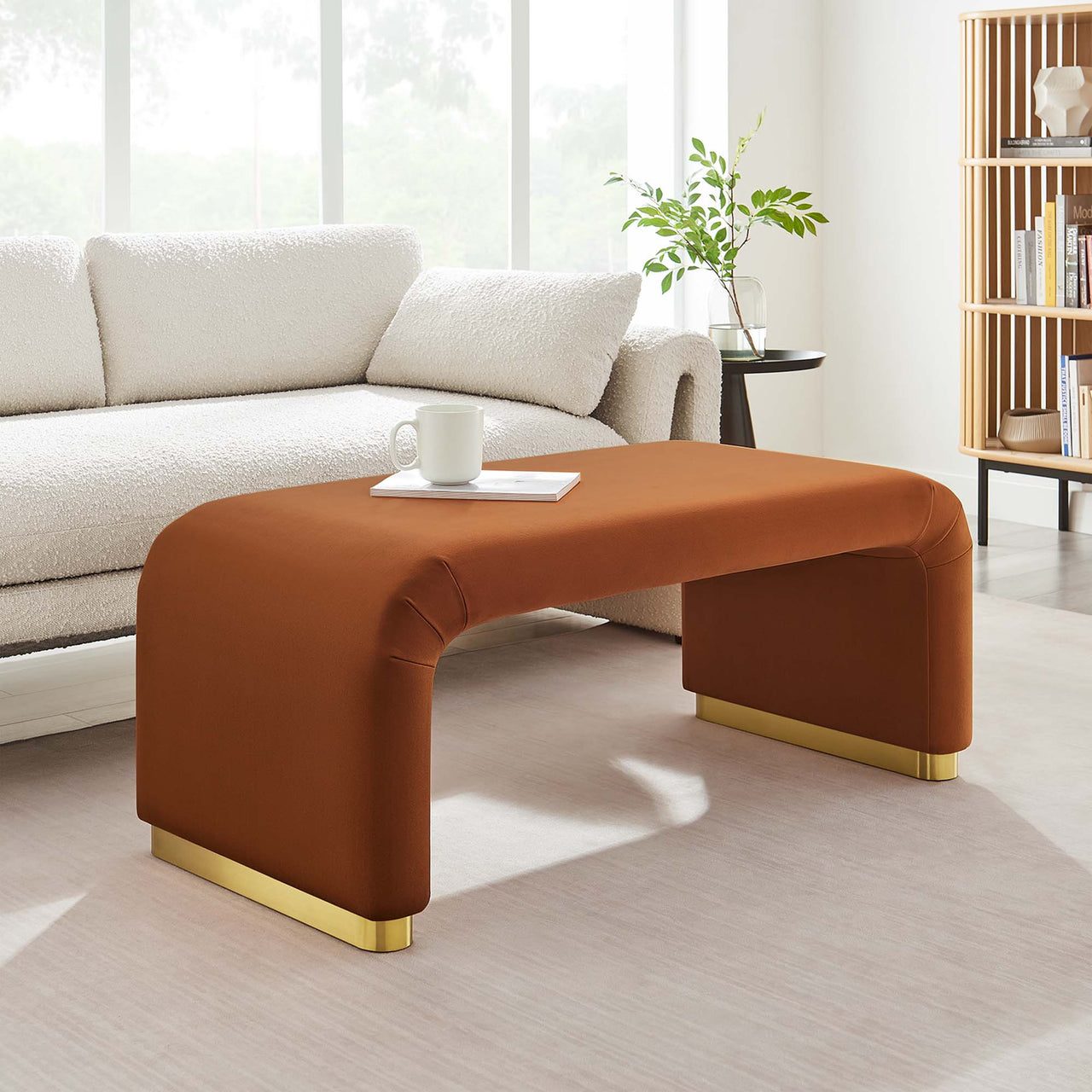 Kaela Upholstered Velvet Ottoman, Gold & Terracotta